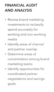 Checklist titled “Financial Audit and Analysis,” describing steps to reclassify brand marketing investments, identify channel overlap, and explore savings through coordinated negotiations.
