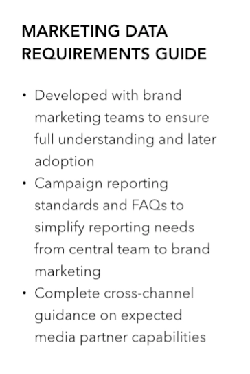 Bullet-point list detailing the components of a marketing data requirements guide, including campaign reporting standards and media partner capability expectations.