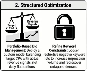 Structured paid search optimization balancing target CPA with revenue signals and refining keyword constraints
