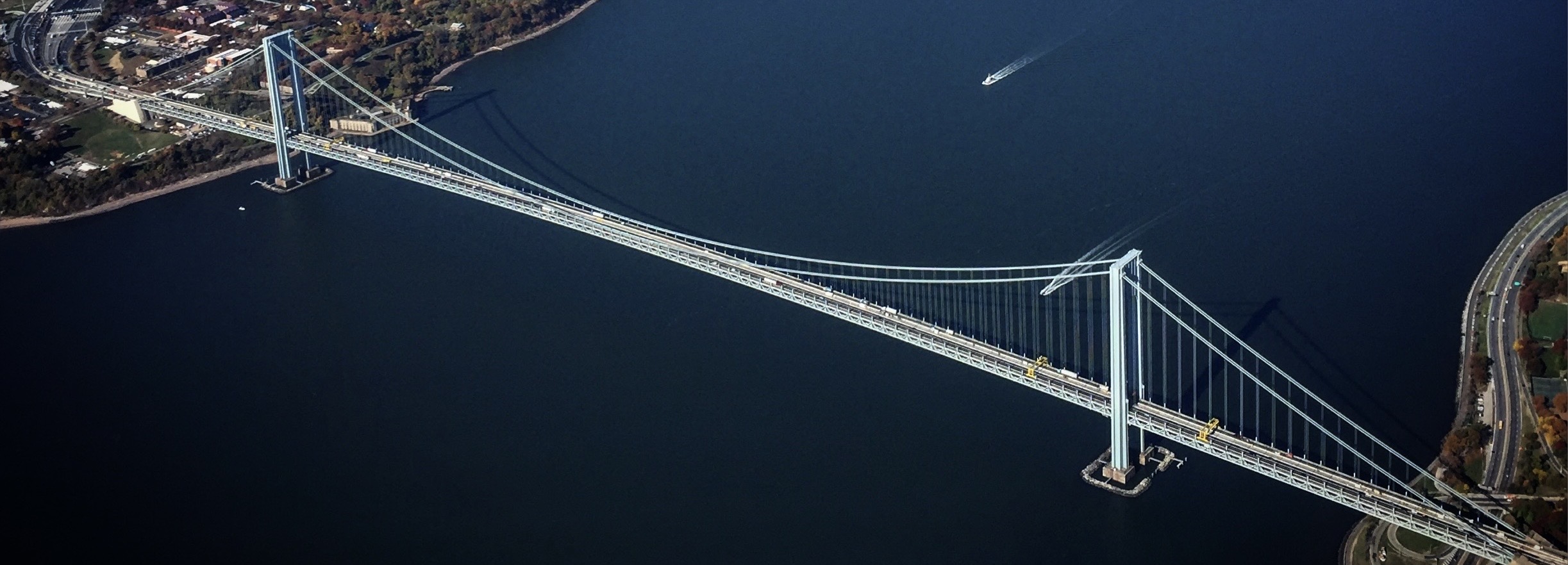 Wide view of the Verrazzano-Narrows Bridge spanning Gravesend Bay between Brooklyn and Staten Island in New York City