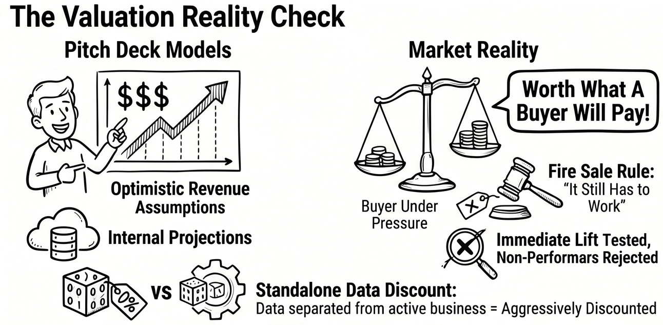 Sketch-style infographic showing a balance scale comparing optimistic valuation models against real market conditions, with supporting illustrations about fire-sale pressure and the difference between standalone data and revenue-producing businesses.