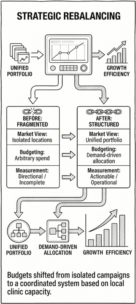 Illustration comparing fragmented healthcare marketing operations to a structured, demand-driven portfolio allocation and measurement strategy.