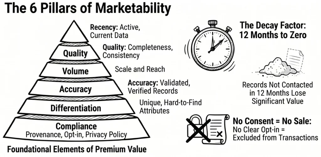 Black-and-white infographic showing stacked pyramid of blocks labeled compliance, differentiation, accuracy, volume, quality, and recency (bottom to top) supporting “Premium Value,” alongside illustrations about data decay and consent requirements.