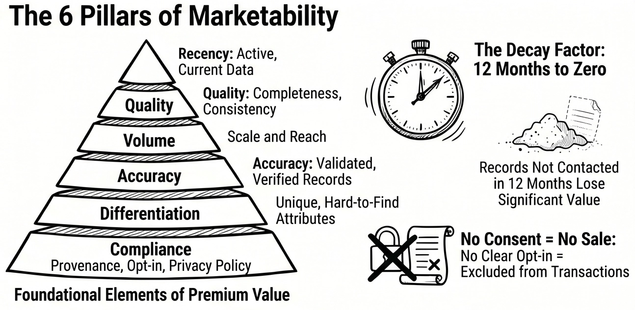 Black-and-white infographic showing stacked pyramid of blocks labeled compliance, differentiation, accuracy, volume, quality, and recency (bottom to top) supporting “Premium Value,” alongside illustrations about data decay and consent requirements.