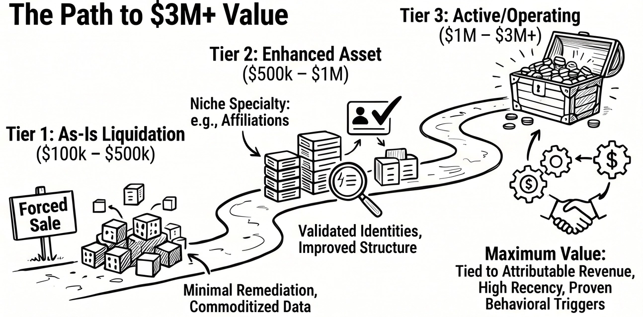 Hand-drawn infographic showing a winding and upward roadway illustrating how a data asset increases in value from “As-Is Liquidation” to “Enhanced Asset” and ultimately “Active/Operating” status worth $3M+, ending at a treasure chest labeled “Maximum Value.”