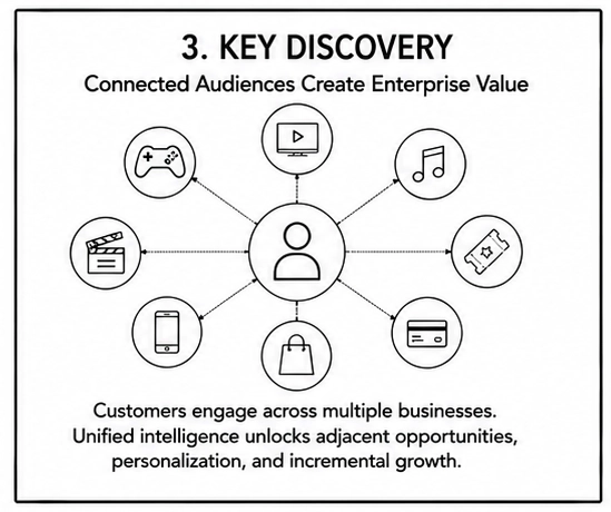 Illustration showing a single customer engaging across multiple products, services, and business units, revealing shared audience relationships and growth opportunities.