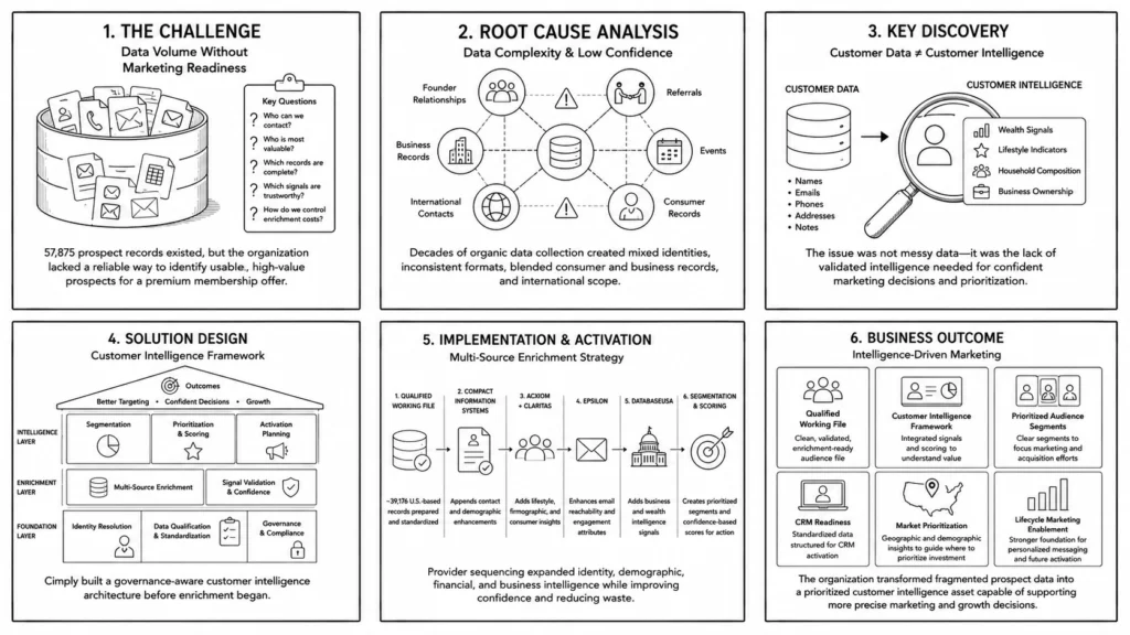 Six-panel infographic illustrating a customer intelligence transformation project, including fragmented prospect data, data quality challenges, customer intelligence discovery, framework design, multi-source enrichment, and intelligence-driven marketing outcomes.