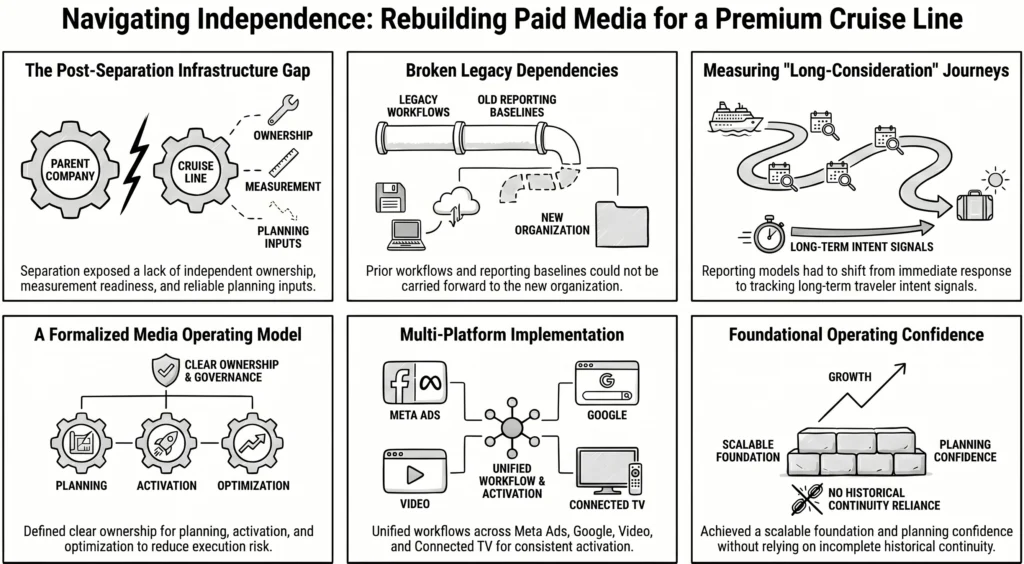 Composite infographic illustrating a premium cruise line's paid media transformation after separation from a parent company, including infrastructure gaps, measurement challenges, media governance, cross-platform activation, and the creation of a scalable marketing operating model.