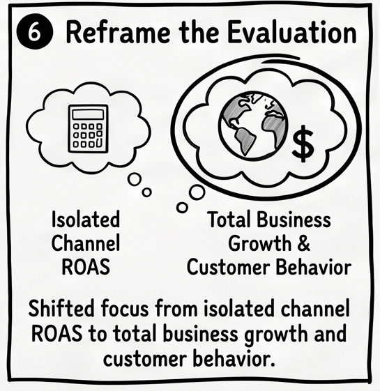 Diagram comparing isolated channel ROAS metrics with total business growth and customer behavior analysis, illustrating a shift toward holistic retail media attribution and measurement.