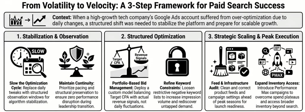 Infographic illustrating a three-step paid search optimization framework including stabilization and observation, structured optimization, and strategic scaling to improve Google Ads performance and support sustainable growth.