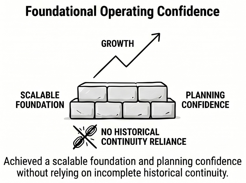 Illustration showing a scalable business foundation supporting growth, planning confidence, and operational independence without reliance on historical continuity.