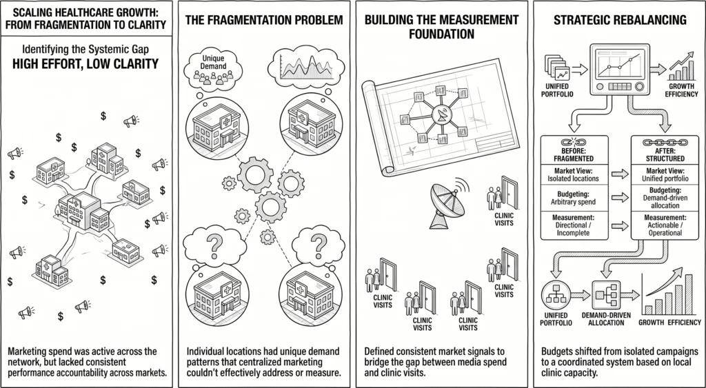 Four-panel infographic showing how a healthcare organization moved from fragmented local marketing and measurement to a unified, demand-driven growth strategy. Panels illustrate disconnected clinic marketing, unique local demand patterns, measurement framework development, and strategic budget reallocation based on clinic demand and capacity.
