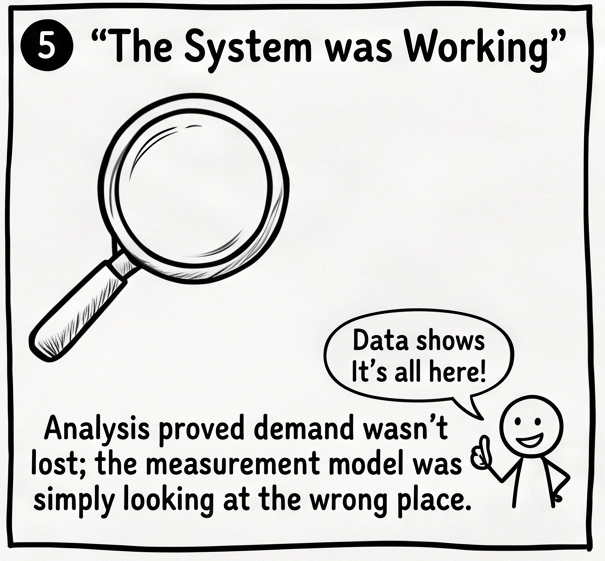 Illustration with a magnifying glass and analyst showing how retail media attribution analysis uncovered hidden revenue, proving demand was not lost but misrepresented by incomplete measurement.