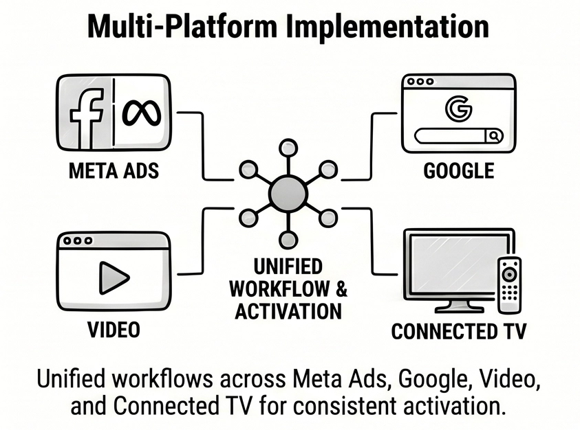 Visualization connecting Meta Ads, Google, Video, and Connected TV platforms through a centralized media activation workflow.