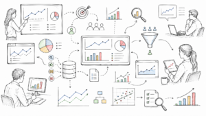 Hand-drawn analytics and measurement illustration showing dashboards, customer data, performance trends, conversion funnels, reporting, audience insights, and campaign optimization.