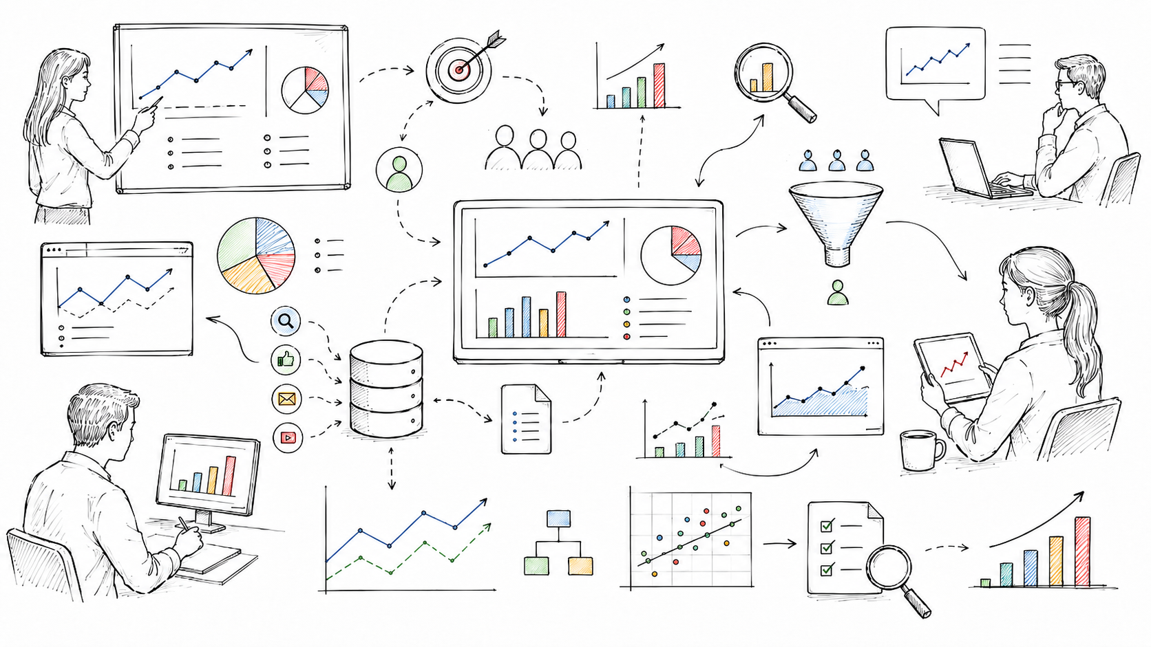 Hand-drawn analytics and measurement illustration showing dashboards, customer data, performance trends, conversion funnels, reporting, audience insights, and campaign optimization.