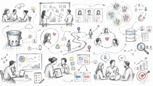 Hand-drawn customer centricity illustration showing audience segmentation, customer journeys, personalization, data, team collaboration, engagement, analytics, and business growth.