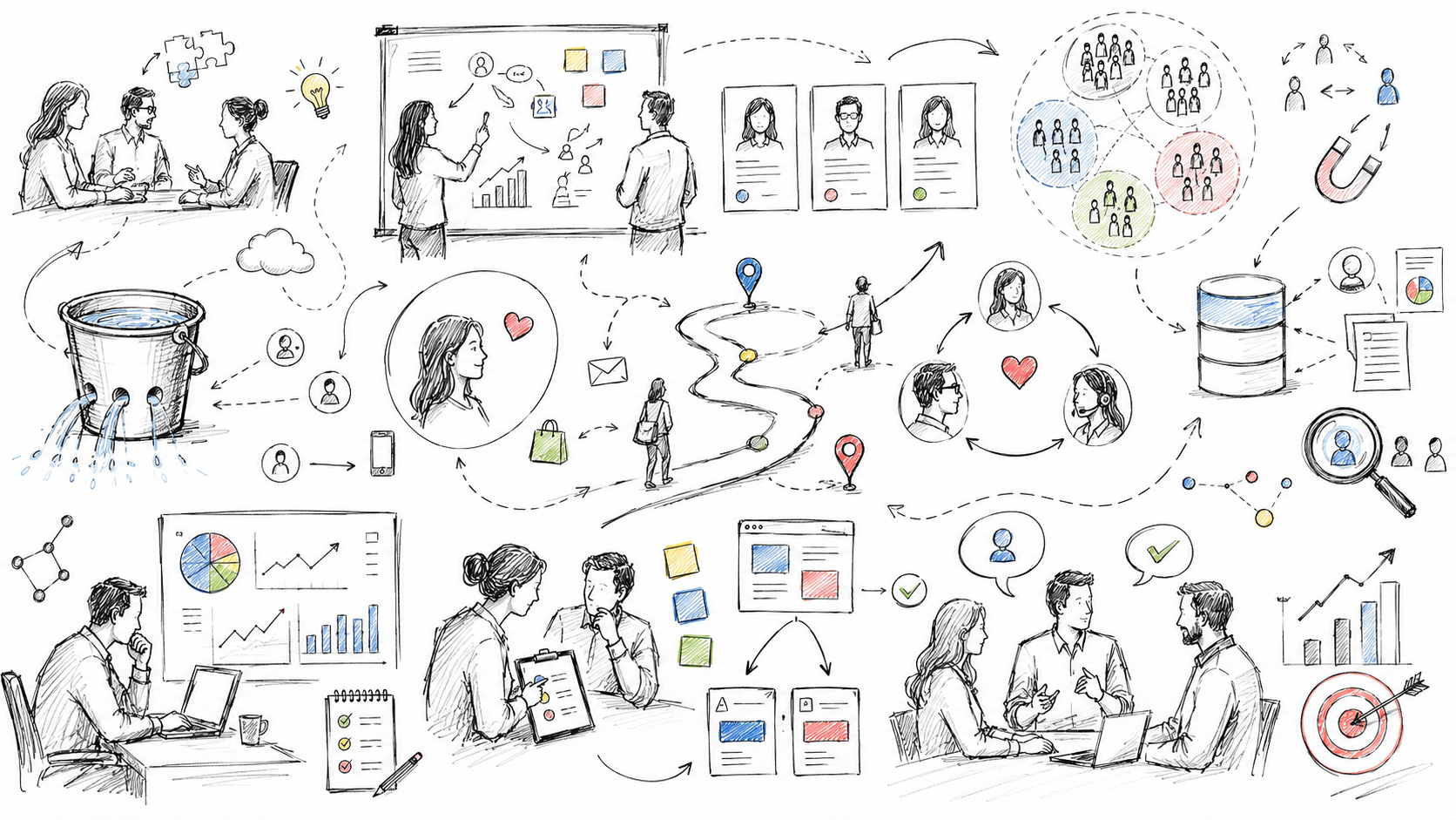 Hand-drawn customer centricity illustration showing audience segmentation, customer journeys, personalization, data, team collaboration, engagement, analytics, and business growth.