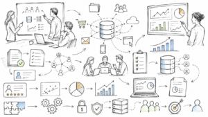 Hand-drawn Data Center of Excellence illustration showing data systems, governance, analytics, customer profiles, security, team collaboration, reporting, and business performance measurement.