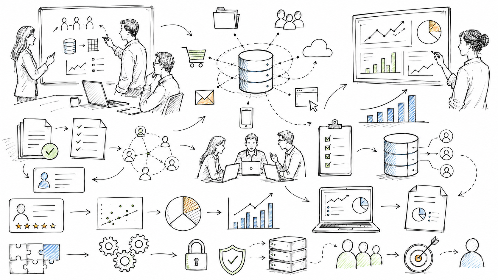 Hand-drawn Data Center of Excellence illustration showing data systems, governance, analytics, customer profiles, security, team collaboration, reporting, and business performance measurement.