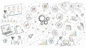 Hand-drawn marketing operations illustration showing connected workflows, teams, technology, campaign planning, analytics, calendars, global coordination, and performance measurement.