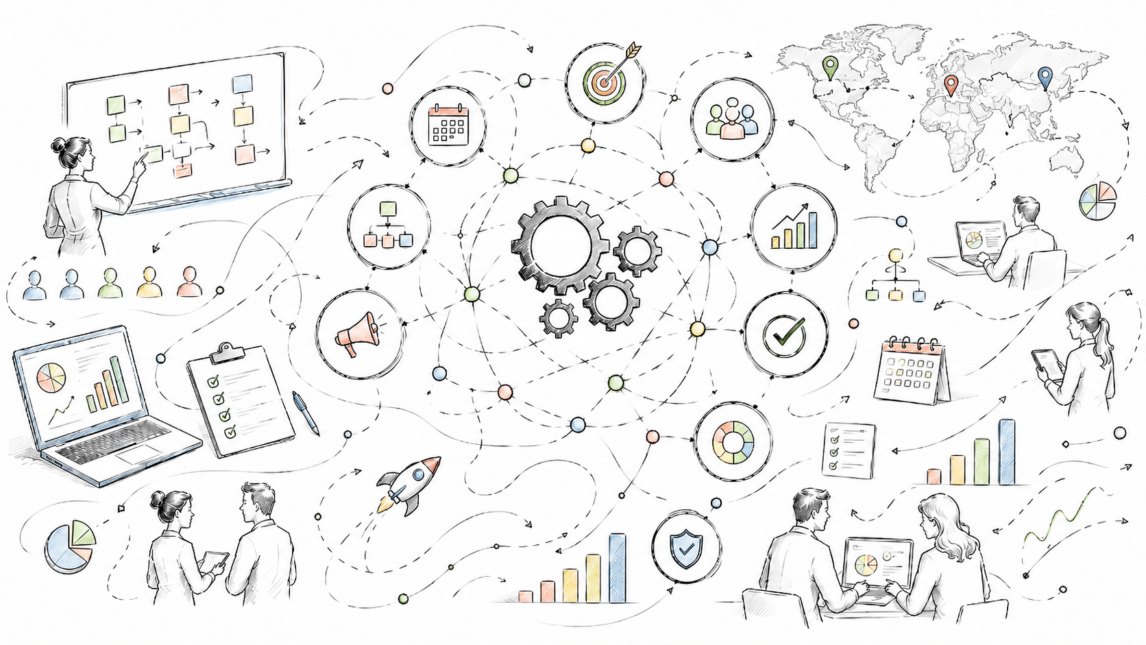 Hand-drawn marketing operations illustration showing connected workflows, teams, technology, campaign planning, analytics, calendars, global coordination, and performance measurement.