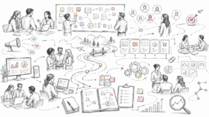 Hand-drawn marketing transformation illustration showing collaborative planning, customer journeys, connected channels, technology, workflows, analytics, team alignment, and performance improvement.