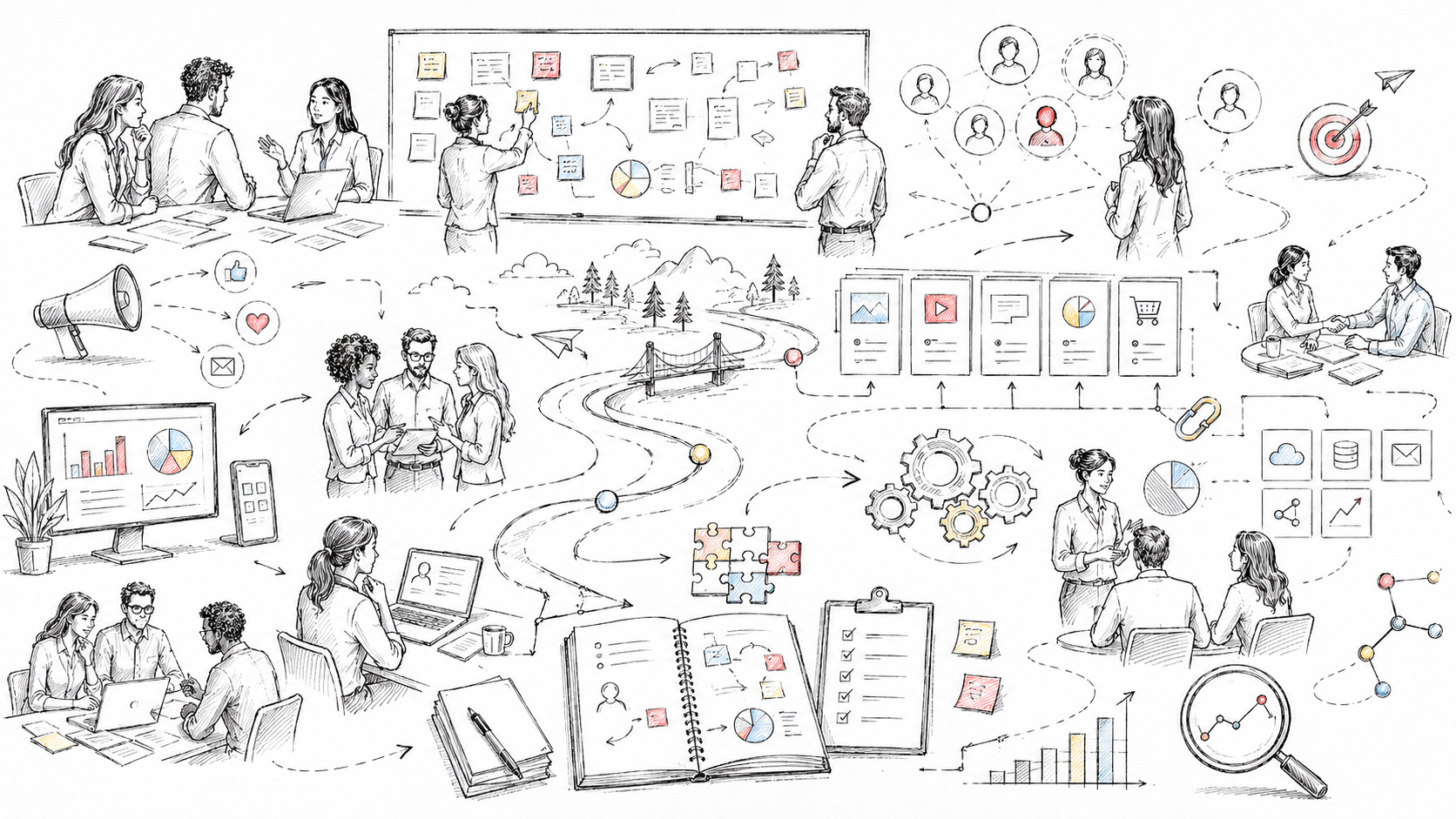 Hand-drawn marketing transformation illustration showing collaborative planning, customer journeys, connected channels, technology, workflows, analytics, team alignment, and performance improvement.