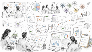 Hand-drawn illustration of marketers connecting audience segments, campaign channels, creative assets, and performance dashboards.