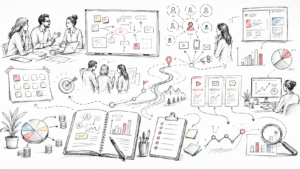 Hand-drawn strategic planning illustration showing collaborative workshops, goals, audience engagement, channel planning, roadmaps, budgets, analytics, performance tracking, and business growth.