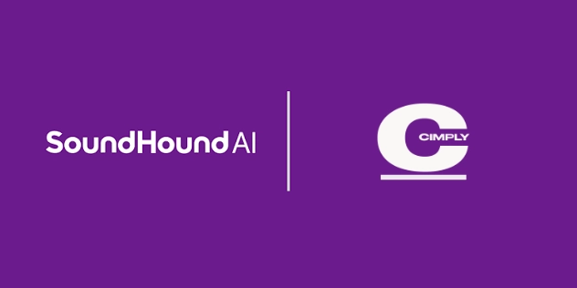 2023 Case Study SoundHound and Cimply SoundHound AI and Cimply logo word marks in white separated by a white vertical bar on a purple background.